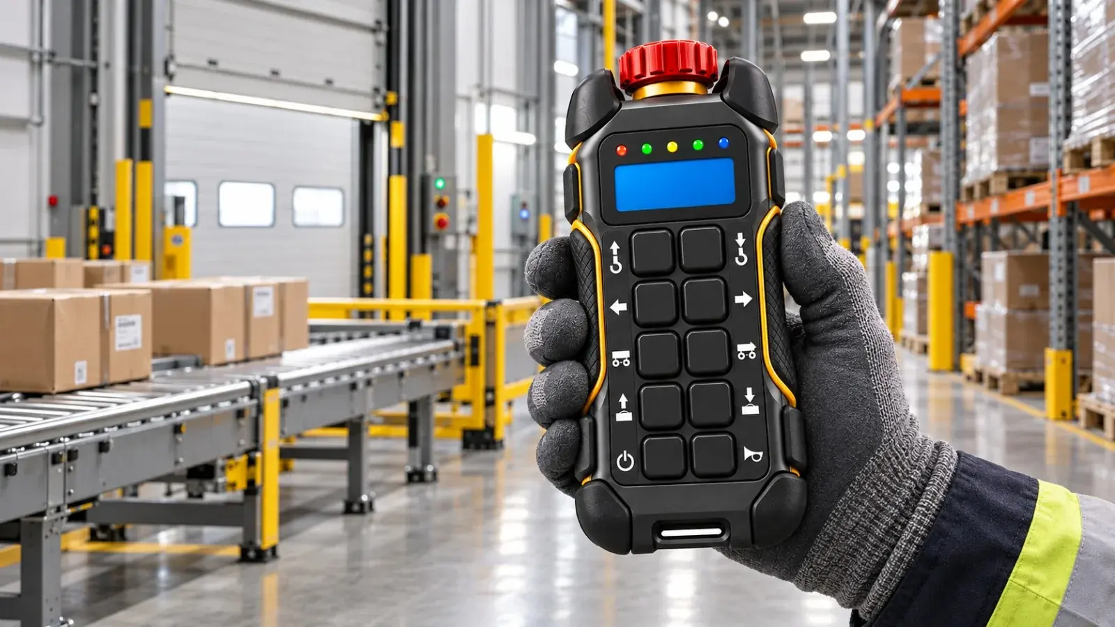 Operator using a remote in a warehouse