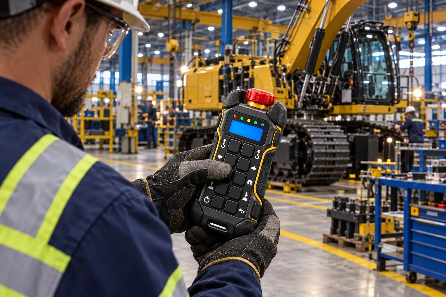 Operator using a remote in a factory