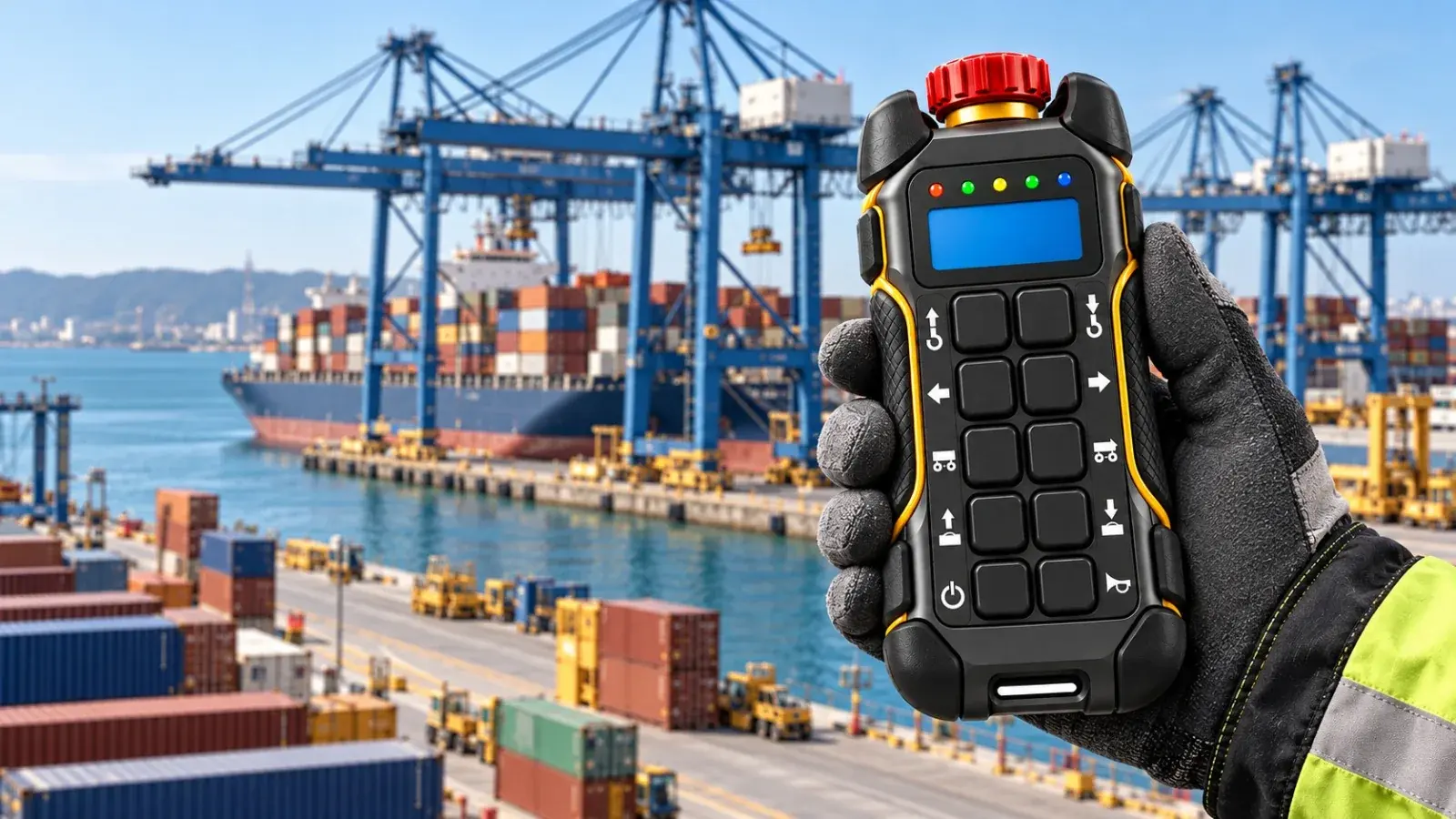 Operator using a remote at a port