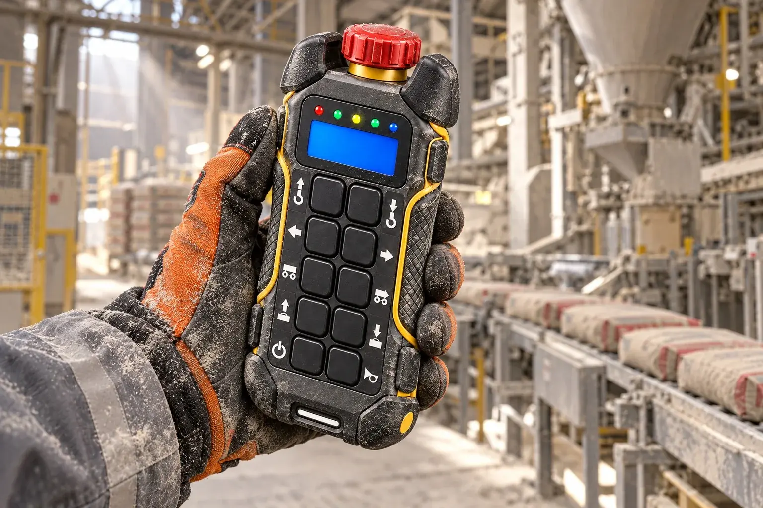 Operator using a remote on a production line