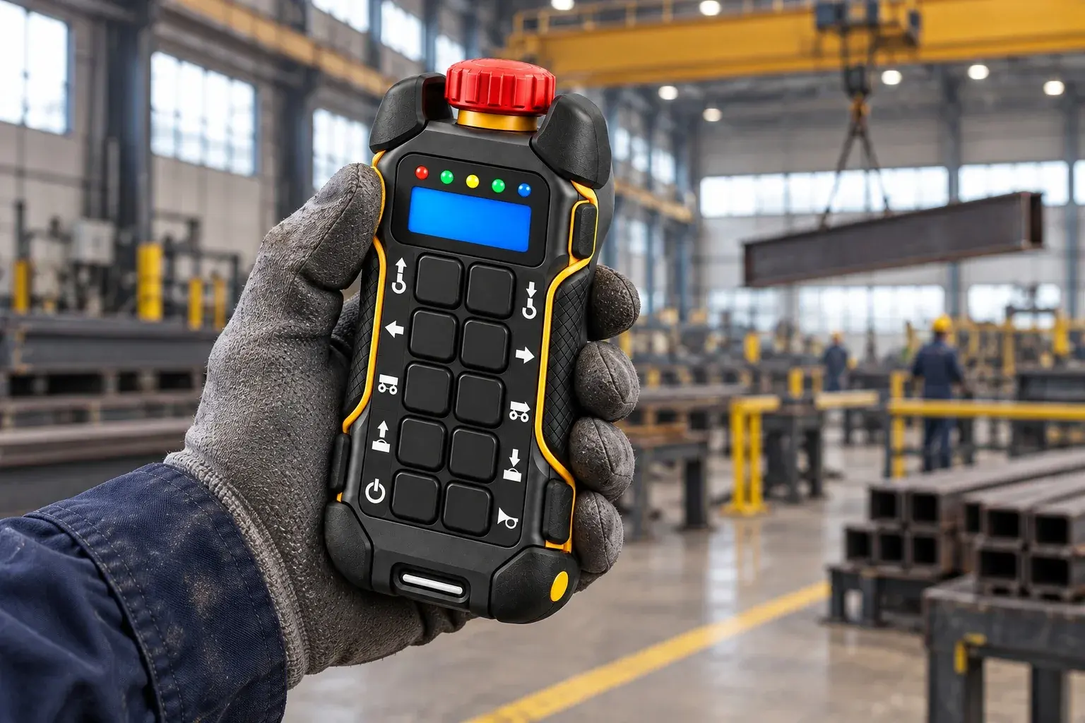 Operator using a remote in a crane hall